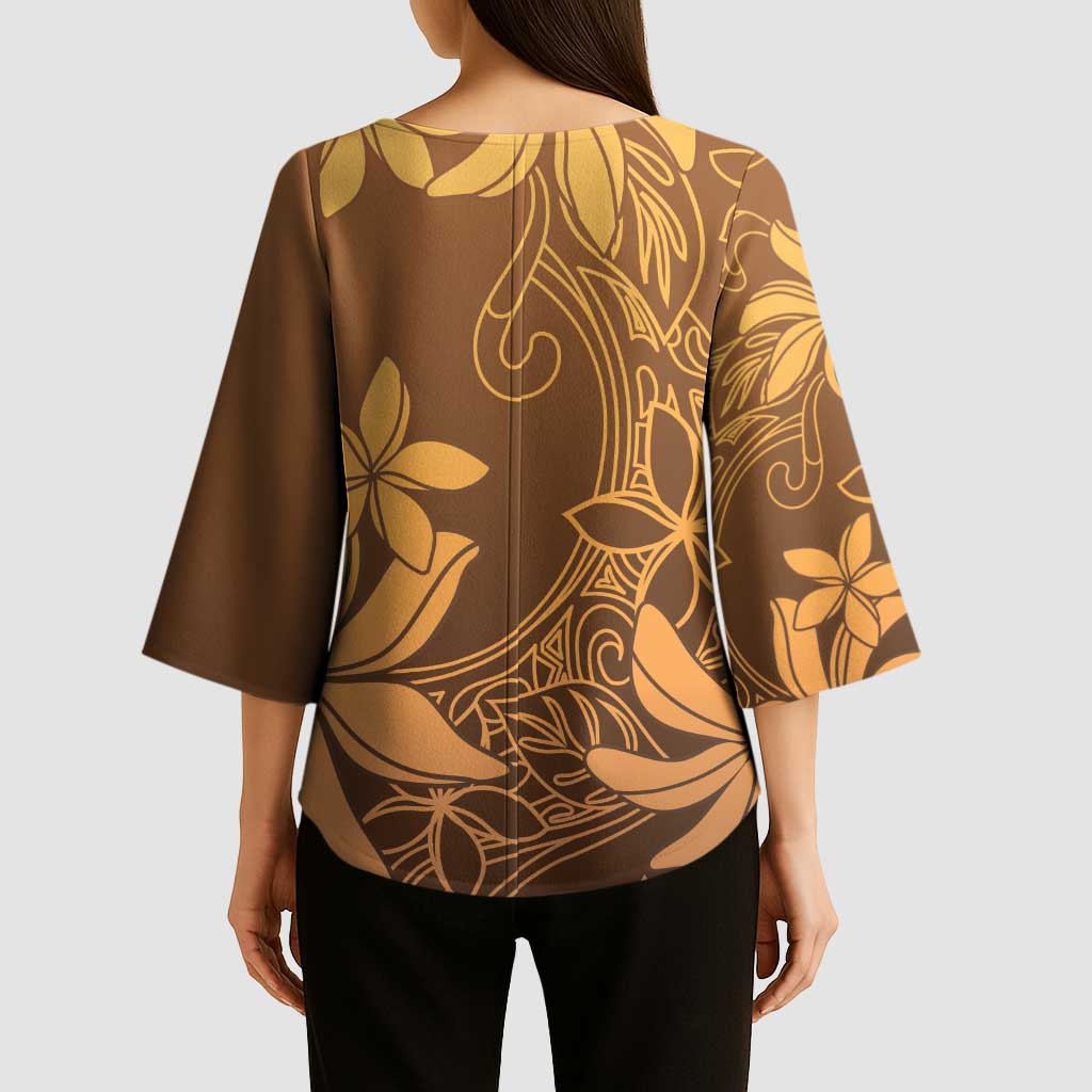 Tiare Tahiti Kimono Sleeve Blouse Brown Polynesia Motifs - Polynesian Pride