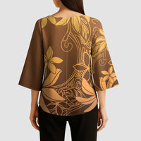 Tiare Tahiti Kimono Sleeve Blouse Brown Polynesia Motifs - Polynesian Pride