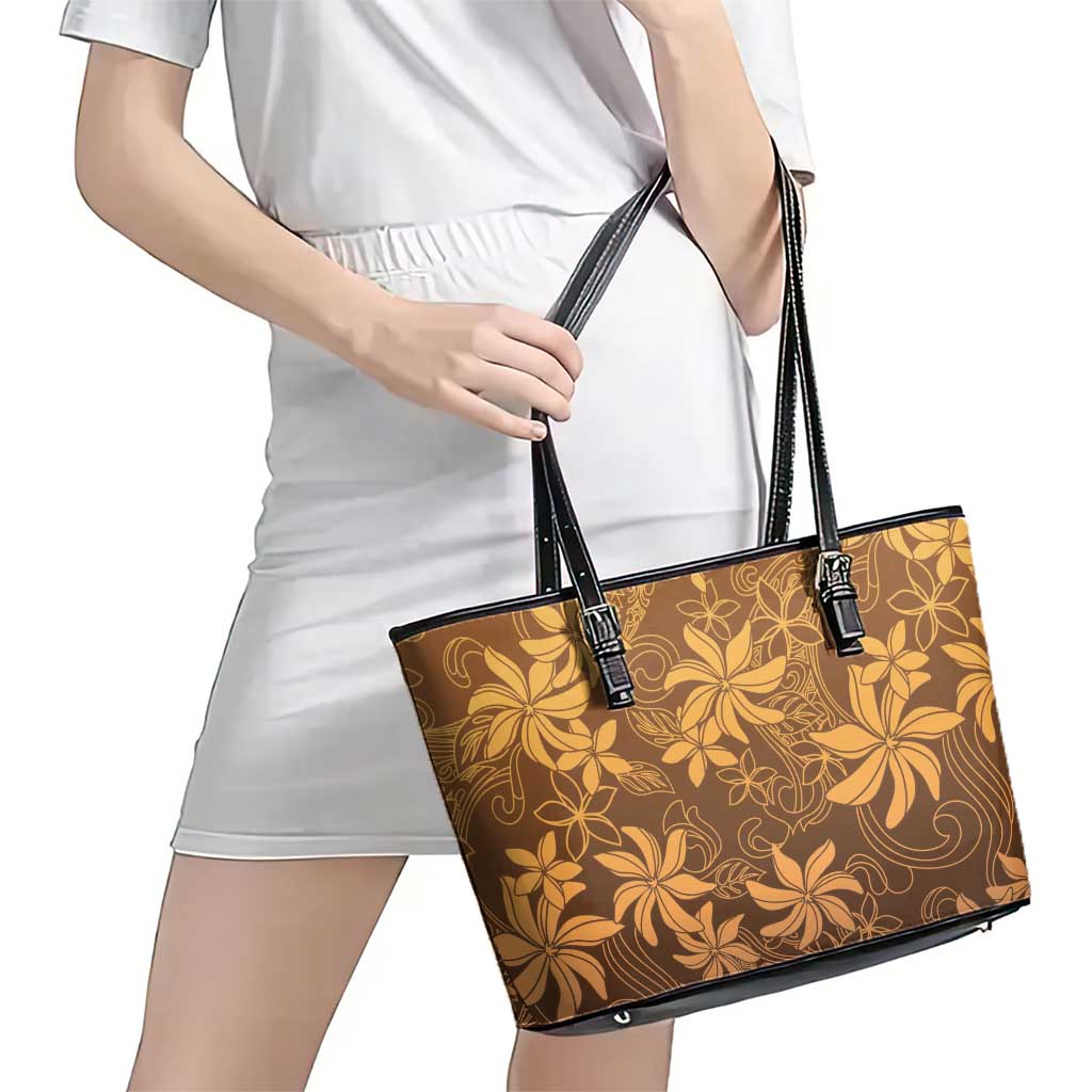 Tiare Tahiti Leather Tote Bag Brown Polynesia Motifs - Polynesian Pride