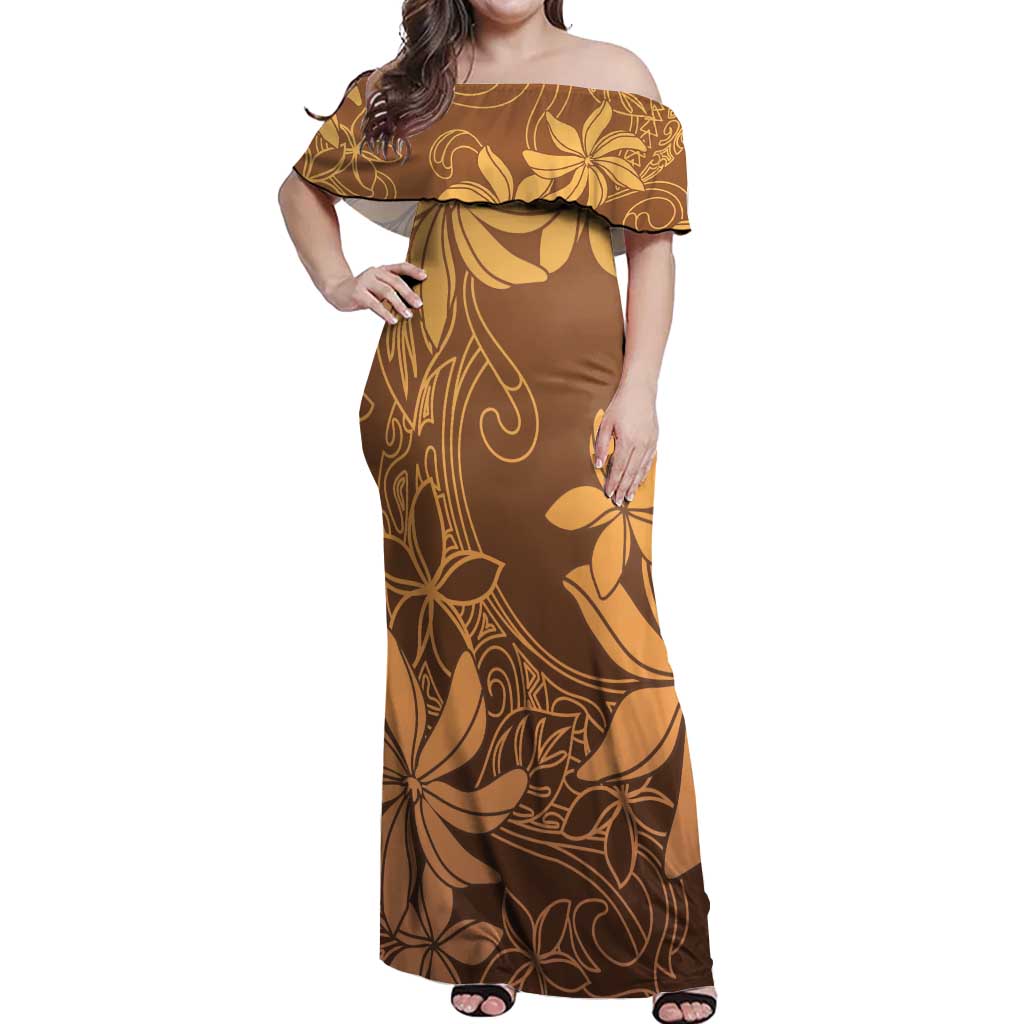 Tiare Tahiti Off Shoulder Maxi Dress Brown Polynesia Motifs - Polynesian Pride