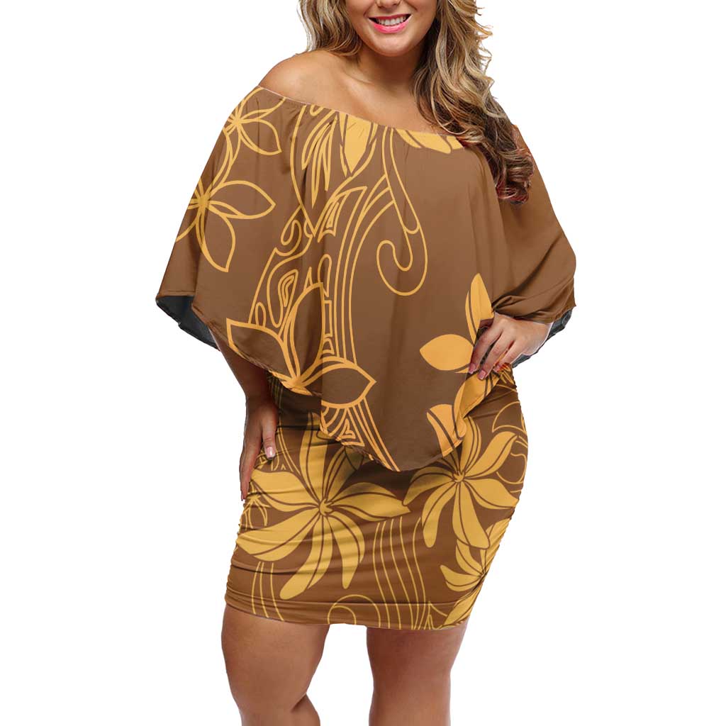 Tiare Tahiti Off Shoulder Short Dress Brown Polynesia Motifs - Polynesian Pride