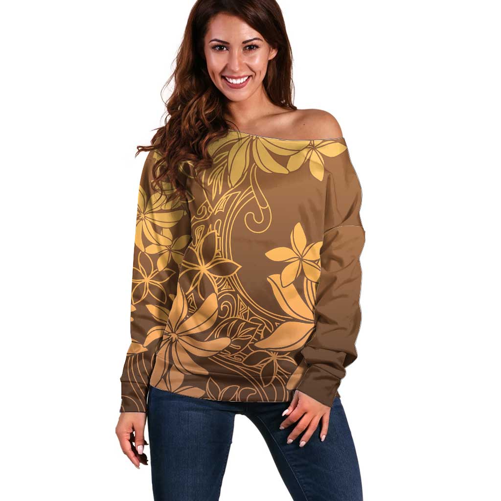 Tiare Tahiti Off Shoulder Sweater Brown Polynesia Motifs - Polynesian Pride