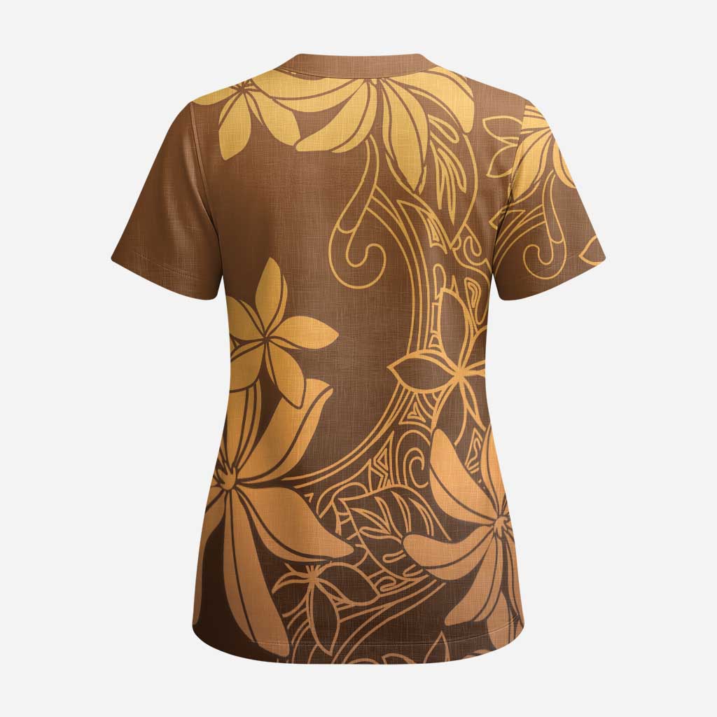 Tiare Tahiti Scrub Top Brown Polynesia Motifs - Polynesian Pride