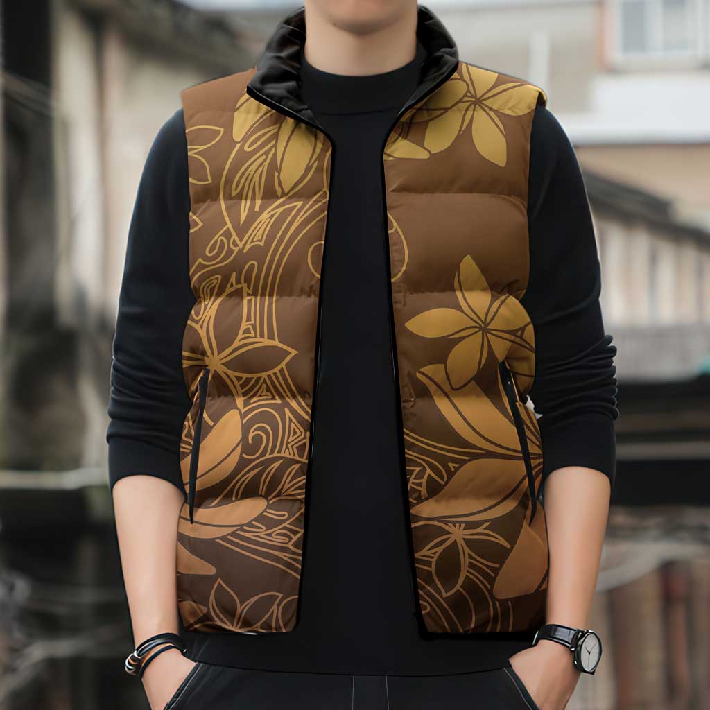 Tiare Tahiti Sleeveless Puffer Jacket Brown Polynesia Motifs - Polynesian Pride