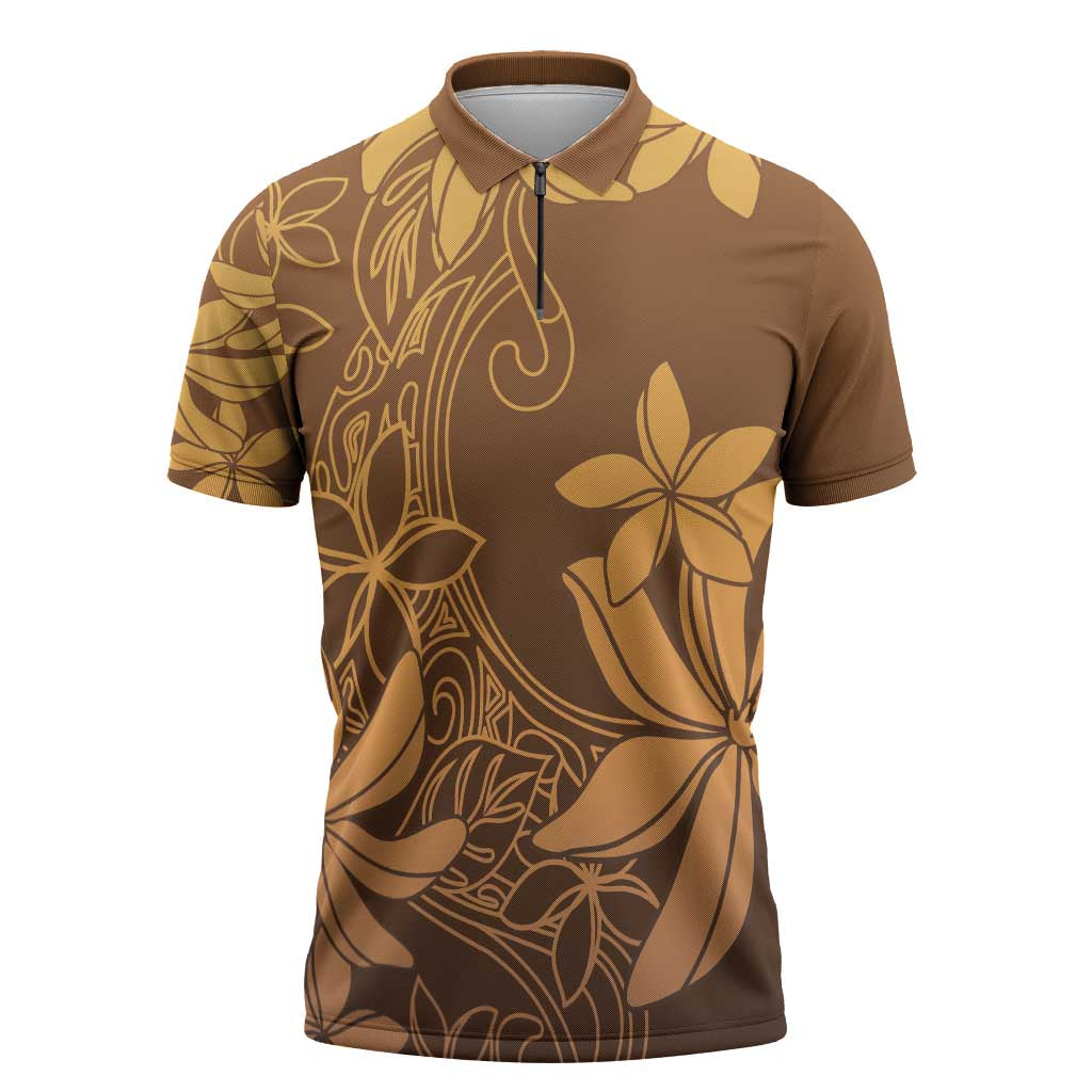 Tiare Tahiti Zipper Polo Shirt Brown Polynesia Motifs - Polynesian Pride