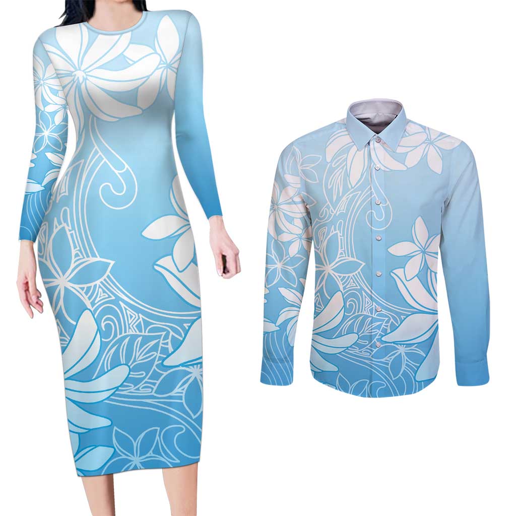 Tiare Tahiti Couples Matching Long Sleeve Bodycon Dress and Long Sleeve Button Shirt Blue Polynesia Motifs - Polynesian Pride