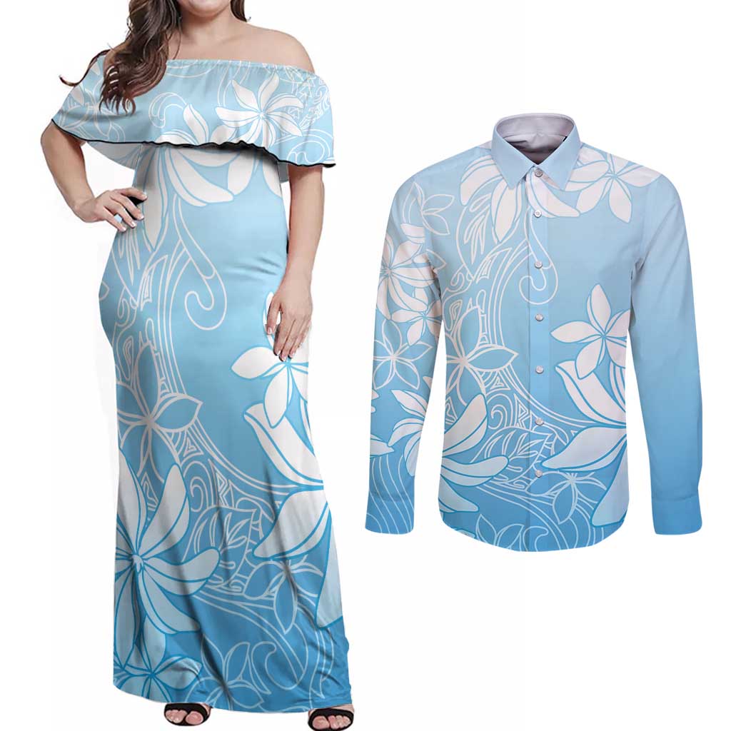 Tiare Tahiti Couples Matching Off Shoulder Maxi Dress and Long Sleeve Button Shirt Blue Polynesia Motifs - Polynesian Pride