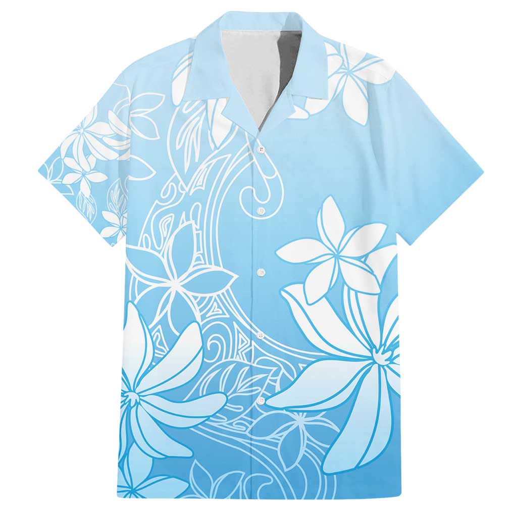Tiare Tahiti Family Matching Long Sleeve Bodycon Dress and Hawaiian Shirt Blue Polynesia Motifs - Polynesian Pride