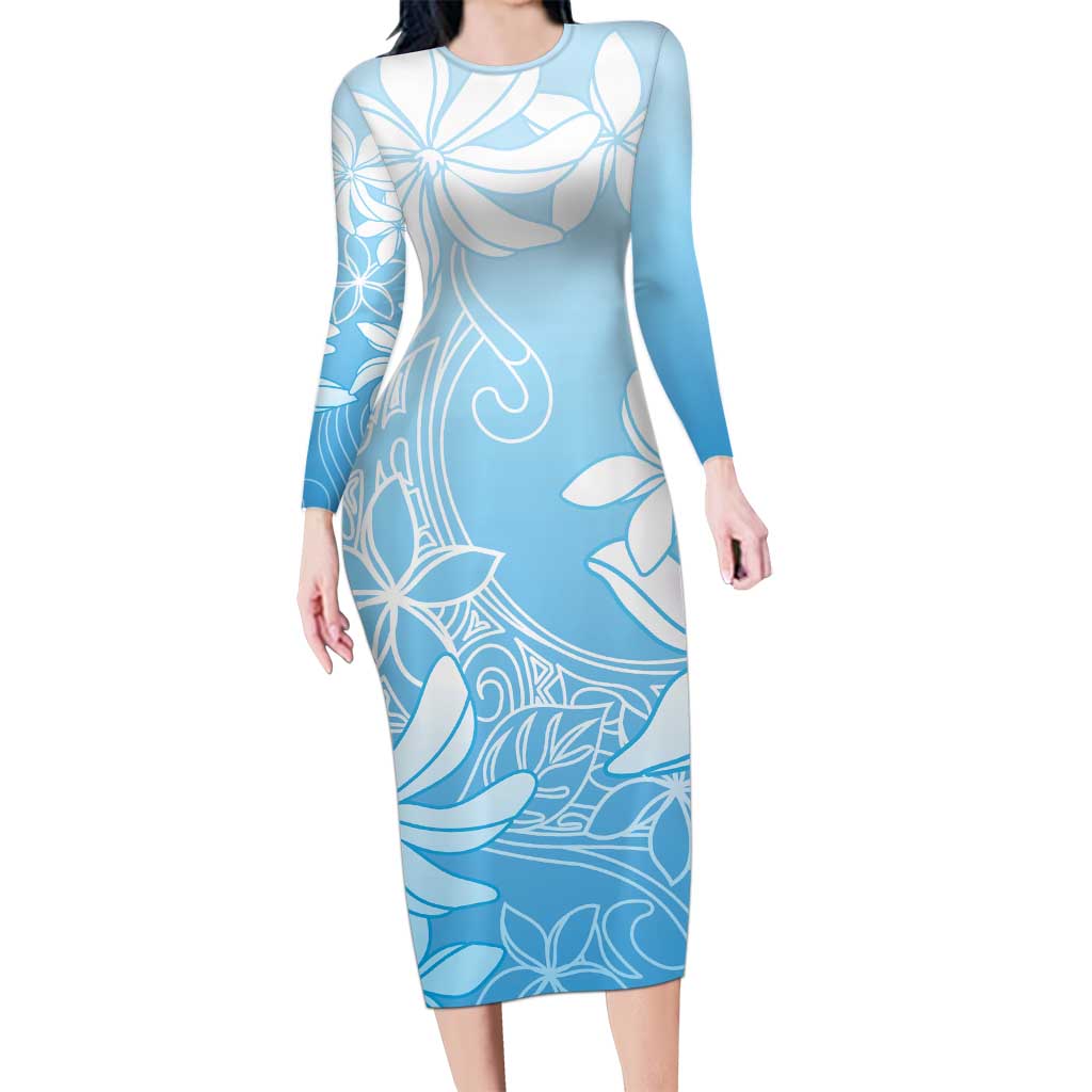 Tiare Tahiti Family Matching Long Sleeve Bodycon Dress and Hawaiian Shirt Blue Polynesia Motifs - Polynesian Pride