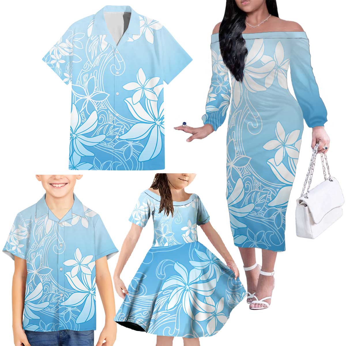 Tiare Tahiti Family Matching Off The Shoulder Long Sleeve Dress and Hawaiian Shirt Blue Polynesia Motifs - Polynesian Pride