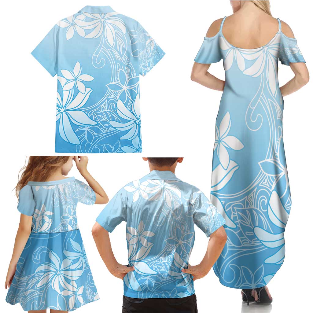 Tiare Tahiti Family Matching Summer Maxi Dress and Hawaiian Shirt Blue Polynesia Motifs - Polynesian Pride