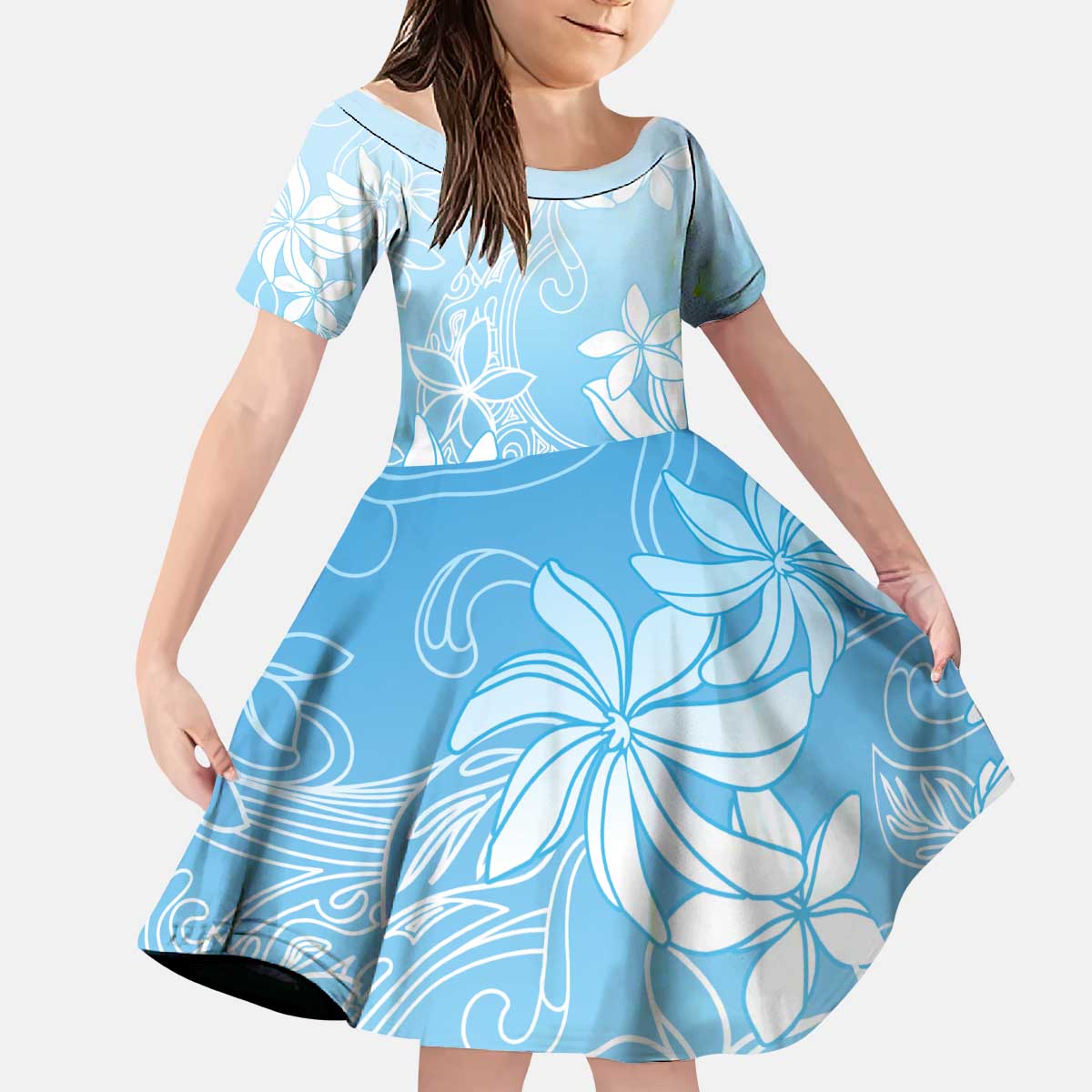 Tiare Tahiti Kid Short Sleeve Dress Blue Polynesia Motifs - Polynesian Pride