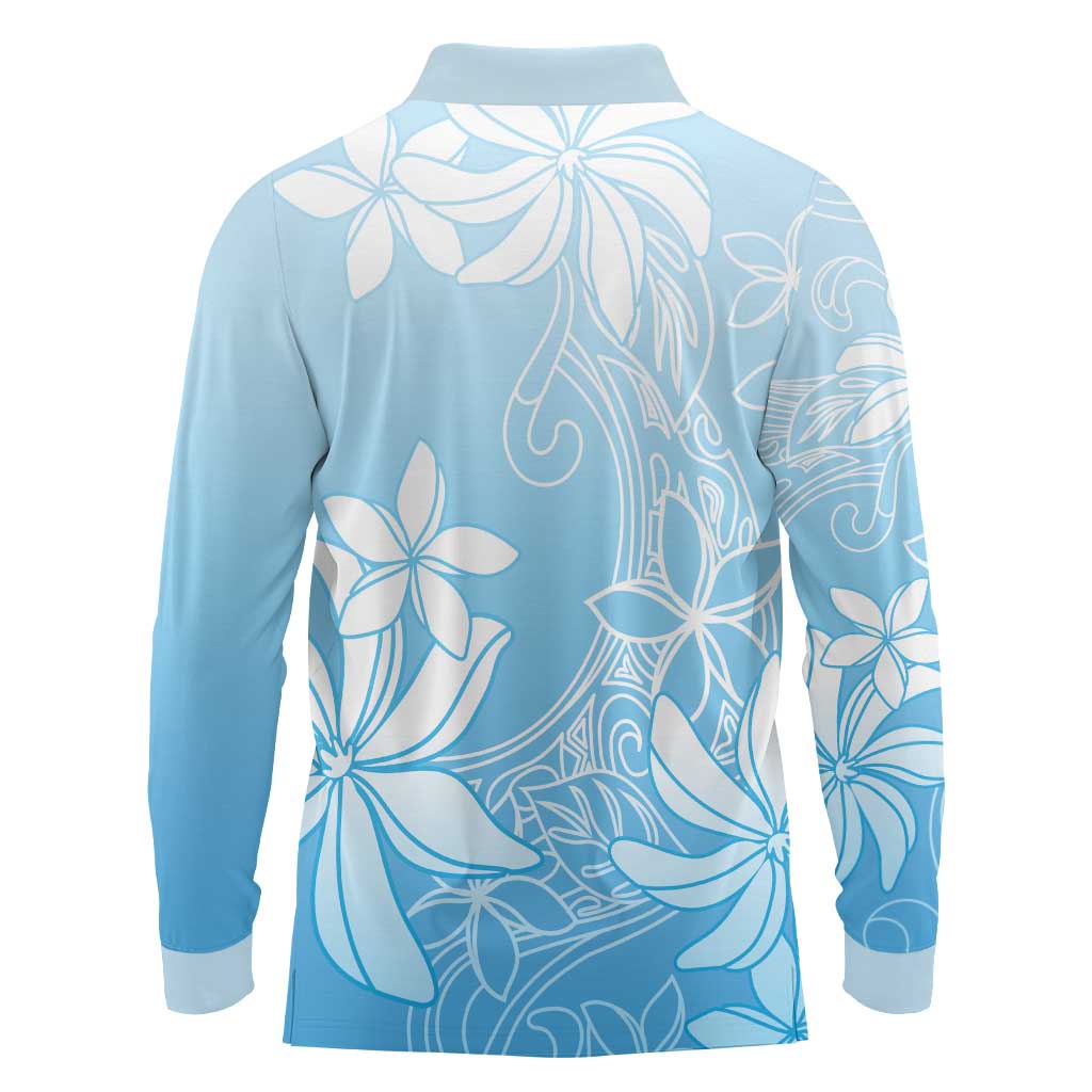 Tiare Tahiti Long Sleeve Polo Shirt Blue Polynesia Motifs - Polynesian Pride
