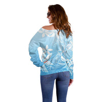 Tiare Tahiti Off Shoulder Sweater Blue Polynesia Motifs - Polynesian Pride