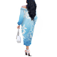 Tiare Tahiti Off The Shoulder Long Sleeve Dress Blue Polynesia Motifs - Polynesian Pride