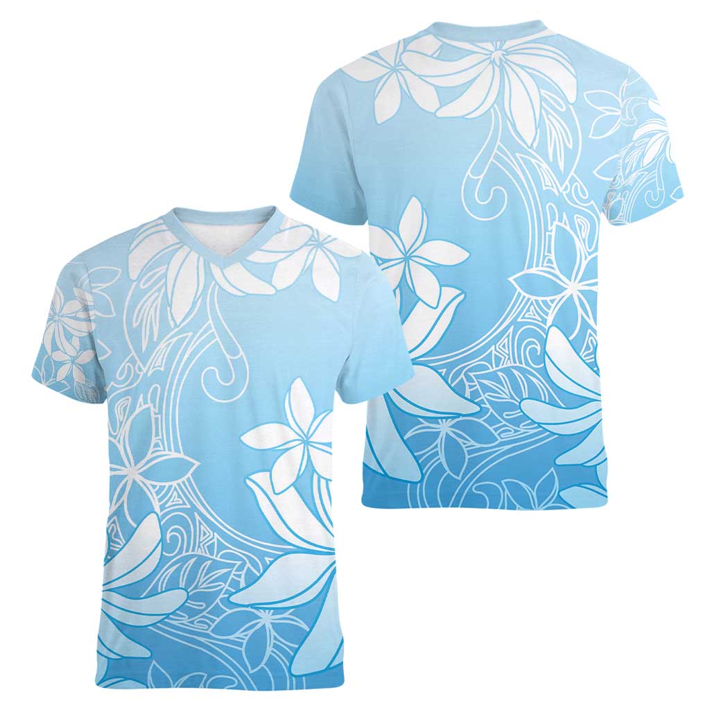 Tiare Tahiti Women V-Neck T-Shirt Blue Polynesia Motifs - Polynesian Pride