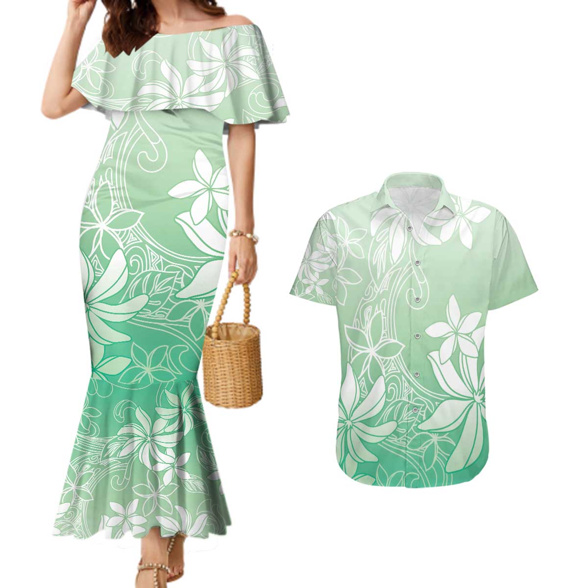 Tiare Tahiti Couples Matching Mermaid Dress and Hawaiian Shirt Matcha Polynesia Motifs - Polynesian Pride