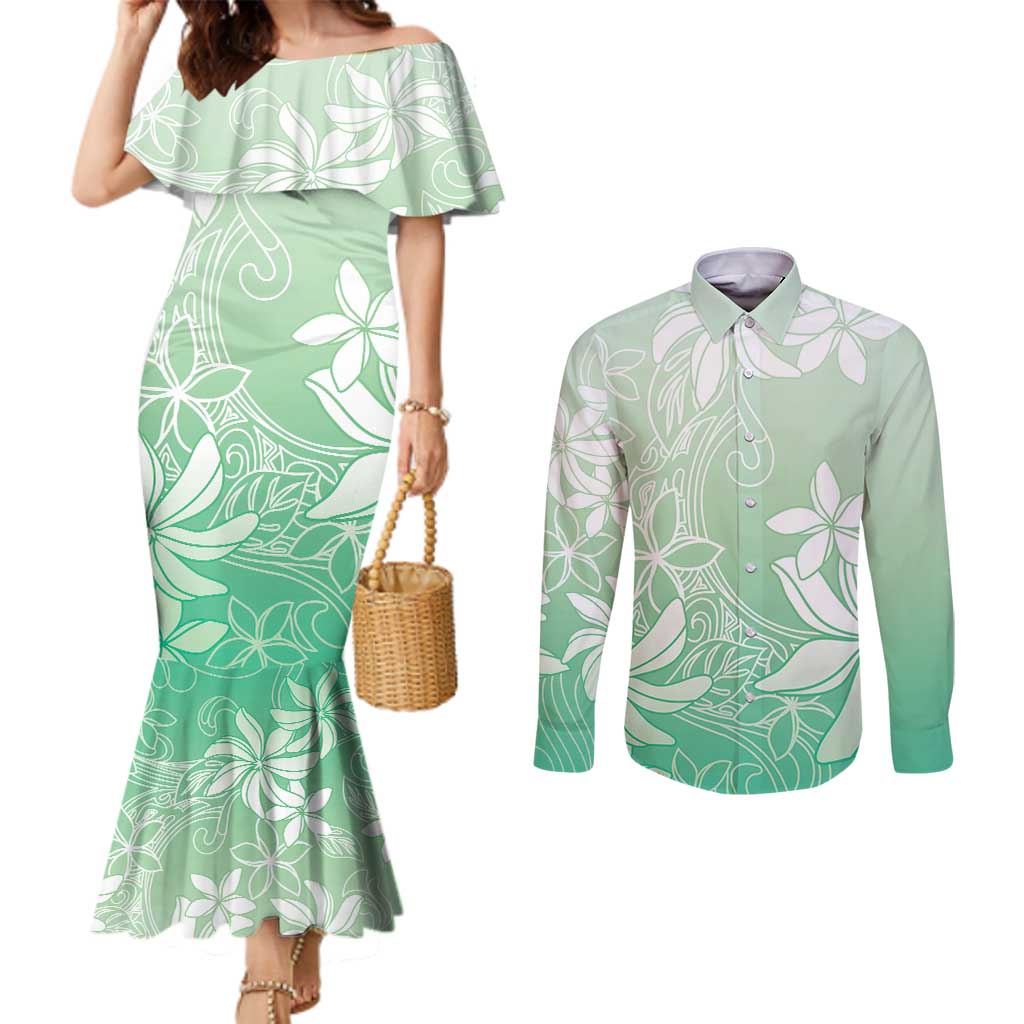 Tiare Tahiti Couples Matching Mermaid Dress and Long Sleeve Button Shirt Matcha Polynesia Motifs - Polynesian Pride