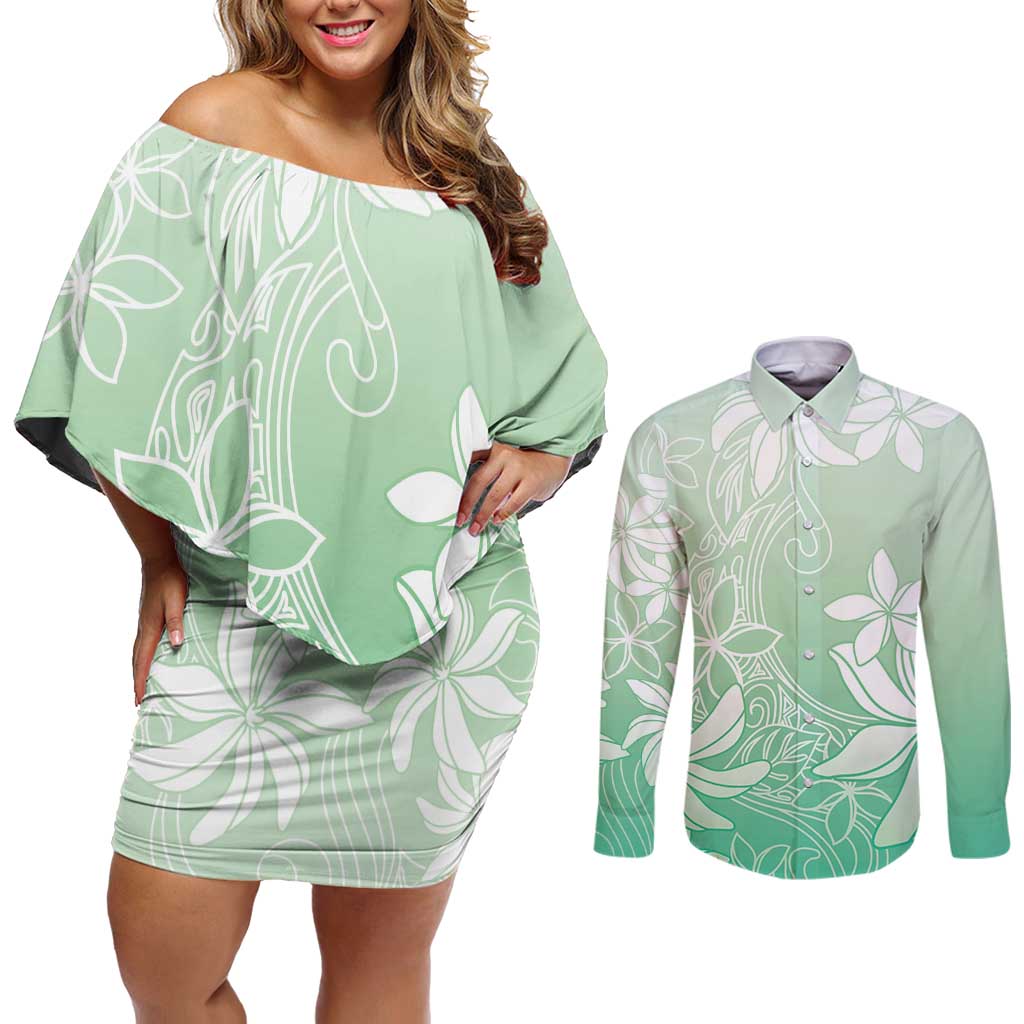 Tiare Tahiti Couples Matching Off Shoulder Short Dress and Long Sleeve Button Shirt Matcha Polynesia Motifs - Polynesian Pride