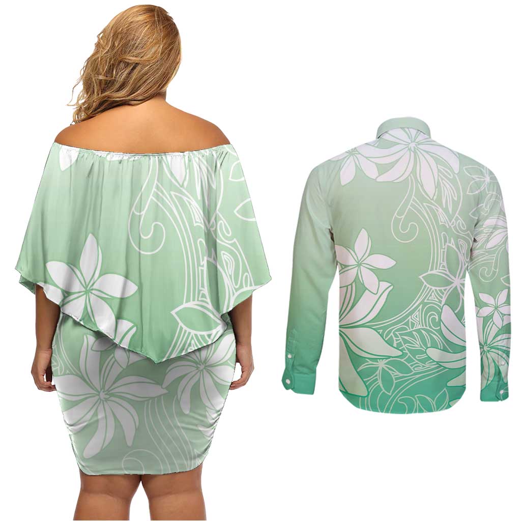 Tiare Tahiti Couples Matching Off Shoulder Short Dress and Long Sleeve Button Shirt Matcha Polynesia Motifs - Polynesian Pride