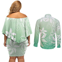 Tiare Tahiti Couples Matching Off Shoulder Short Dress and Long Sleeve Button Shirt Matcha Polynesia Motifs - Polynesian Pride