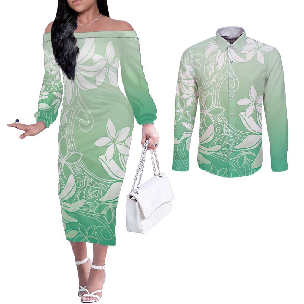 Tiare Tahiti Couples Matching Off The Shoulder Long Sleeve Dress and Long Sleeve Button Shirt Matcha Polynesia Motifs - Polynesian Pride
