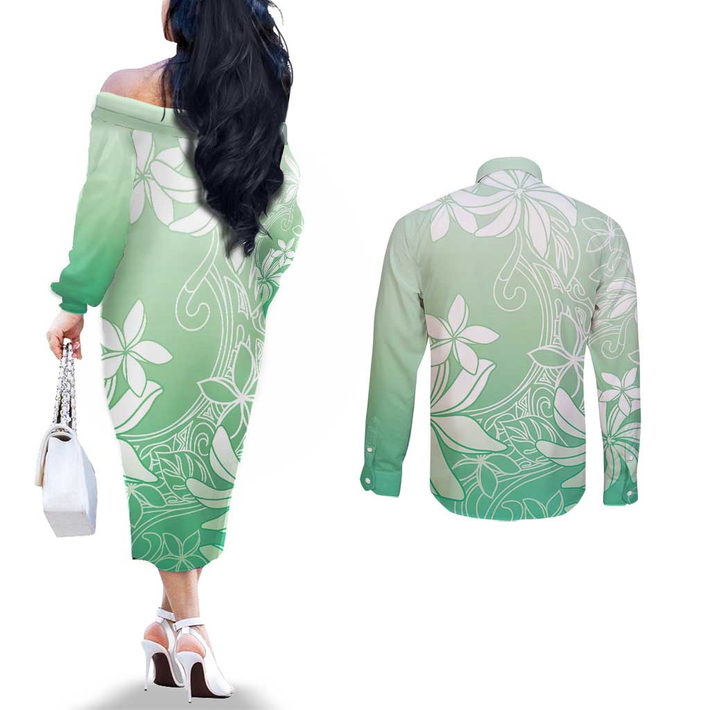 Tiare Tahiti Couples Matching Off The Shoulder Long Sleeve Dress and Long Sleeve Button Shirt Matcha Polynesia Motifs - Polynesian Pride
