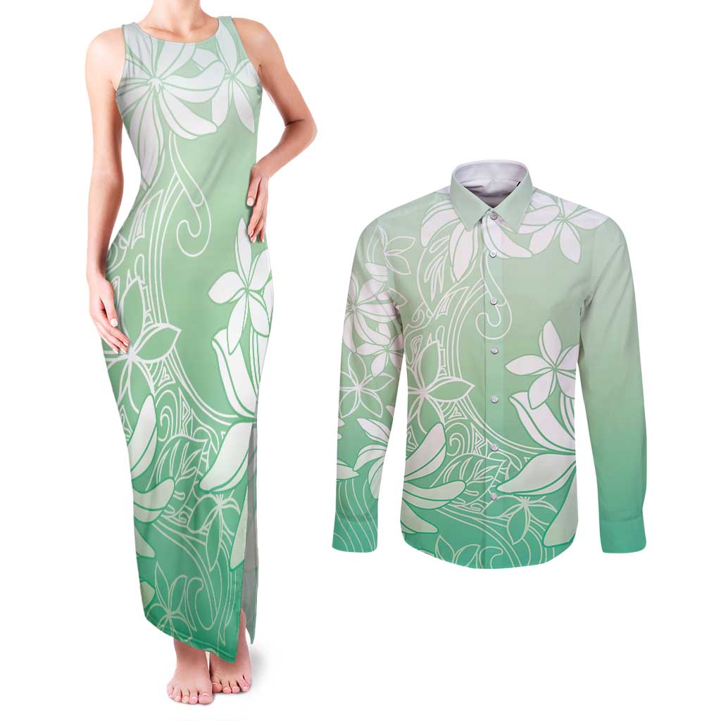 Tiare Tahiti Couples Matching Tank Maxi Dress and Long Sleeve Button Shirt Matcha Polynesia Motifs - Polynesian Pride