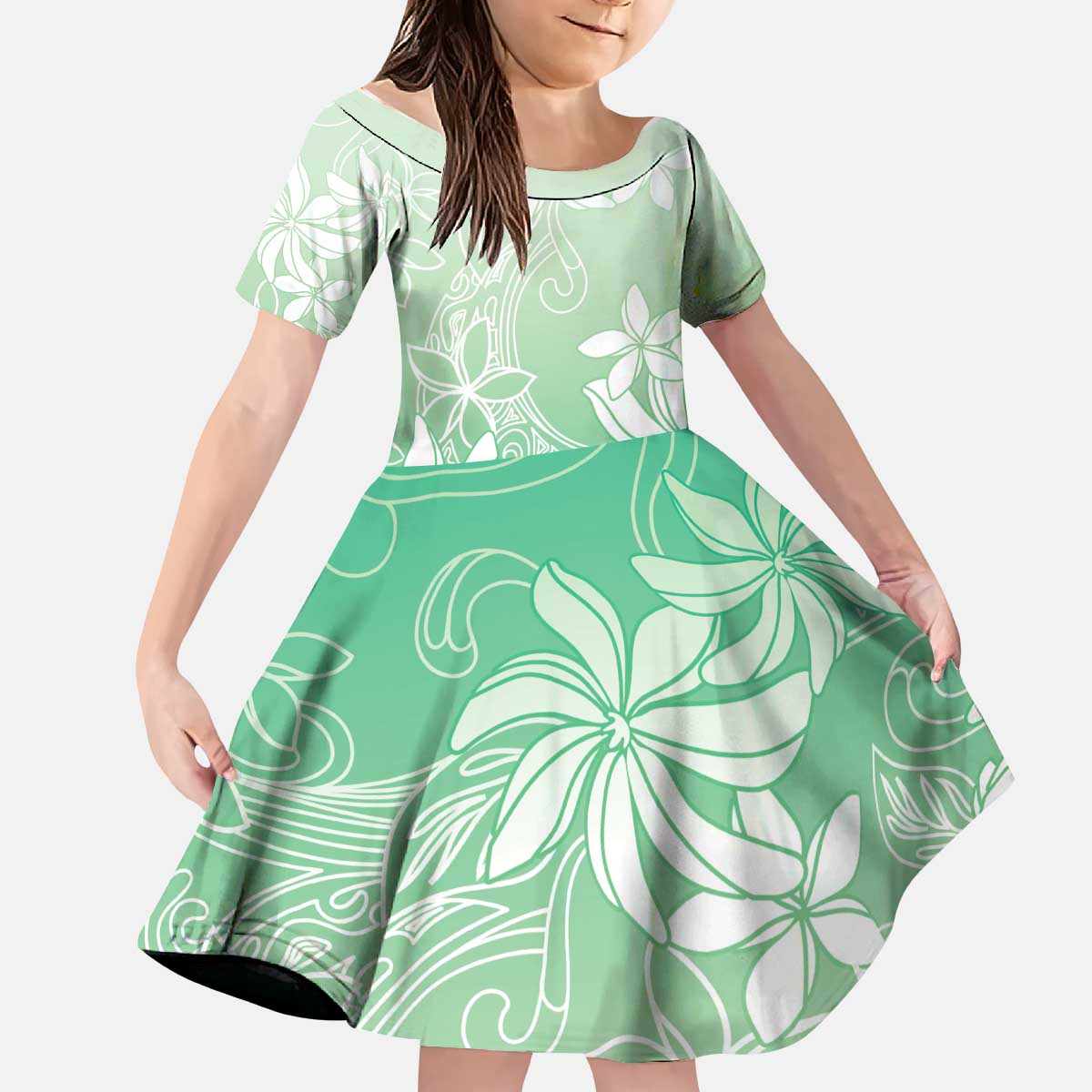 Tiare Tahiti Kid Short Sleeve Dress Matcha Polynesia Motifs - Polynesian Pride