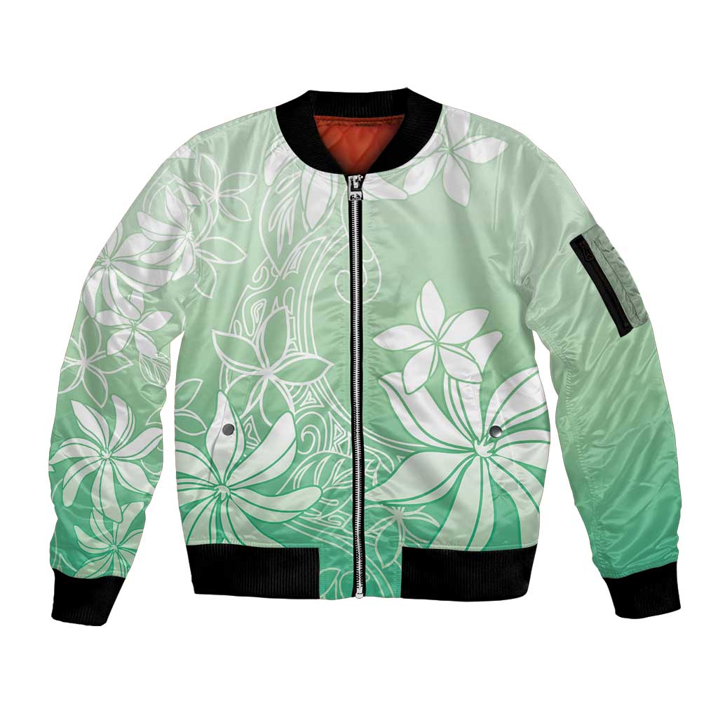Tiare Tahiti Sleeve Zip Bomber Jacket Matcha Polynesia Motifs - Polynesian Pride
