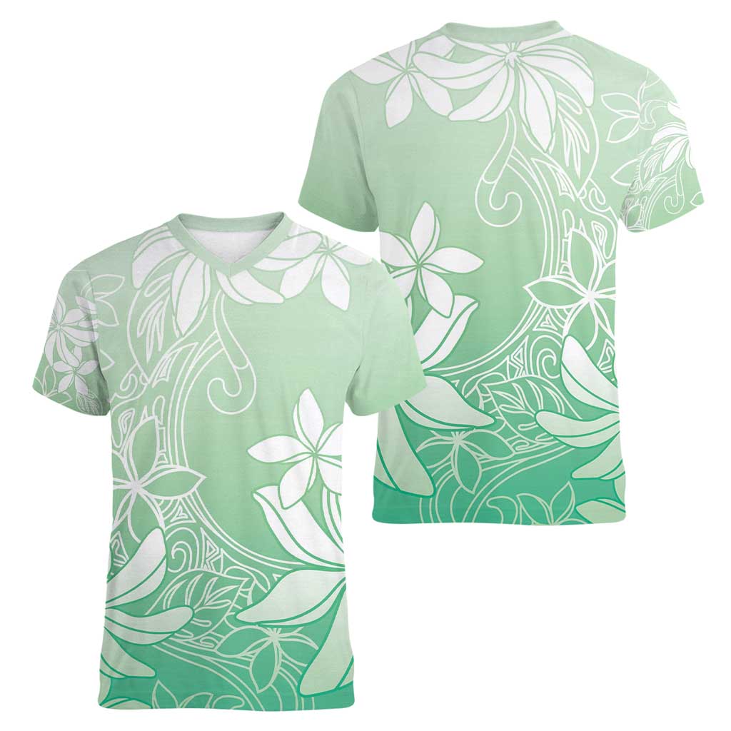 Tiare Tahiti Women V-Neck T-Shirt Matcha Polynesia Motifs - Polynesian Pride
