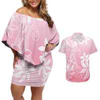 Tiare Tahiti Couples Matching Off Shoulder Short Dress and Hawaiian Shirt Pink Polynesia Motifs - Polynesian Pride