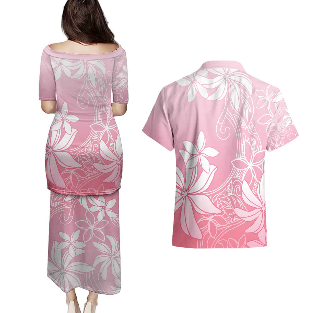 Tiare Tahiti Couples Matching Puletasi and Hawaiian Shirt Pink Polynesia Motifs - Polynesian Pride