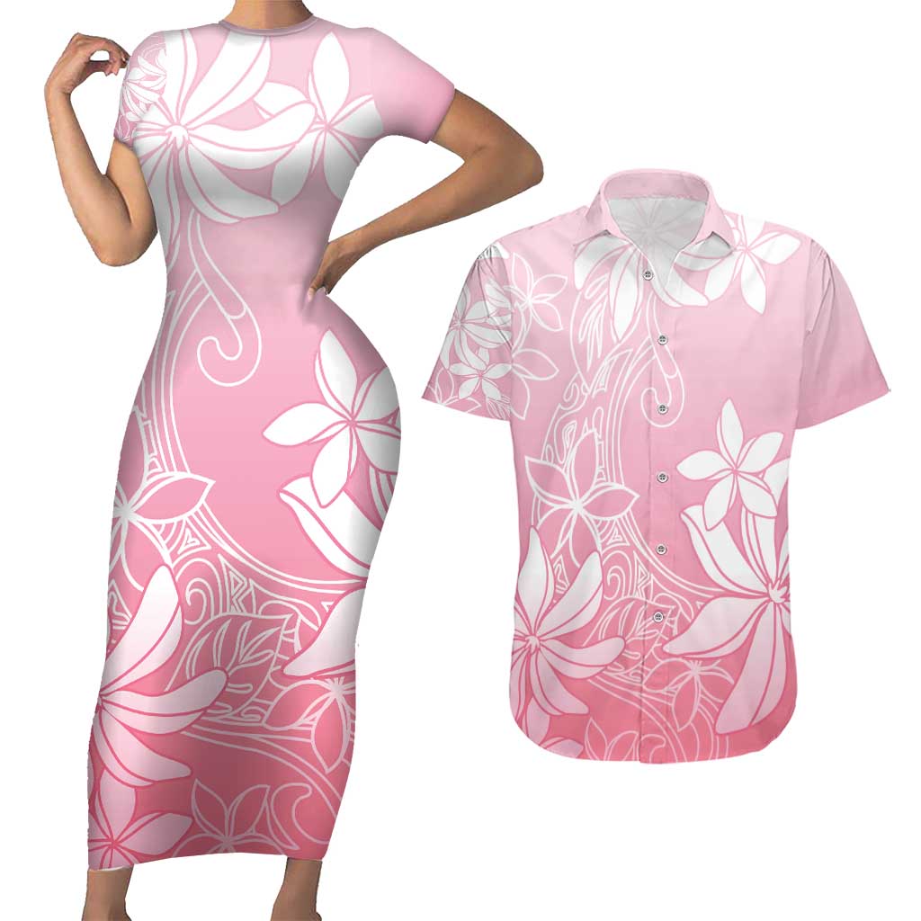 Tiare Tahiti Couples Matching Short Sleeve Bodycon Dress and Hawaiian Shirt Pink Polynesia Motifs - Polynesian Pride