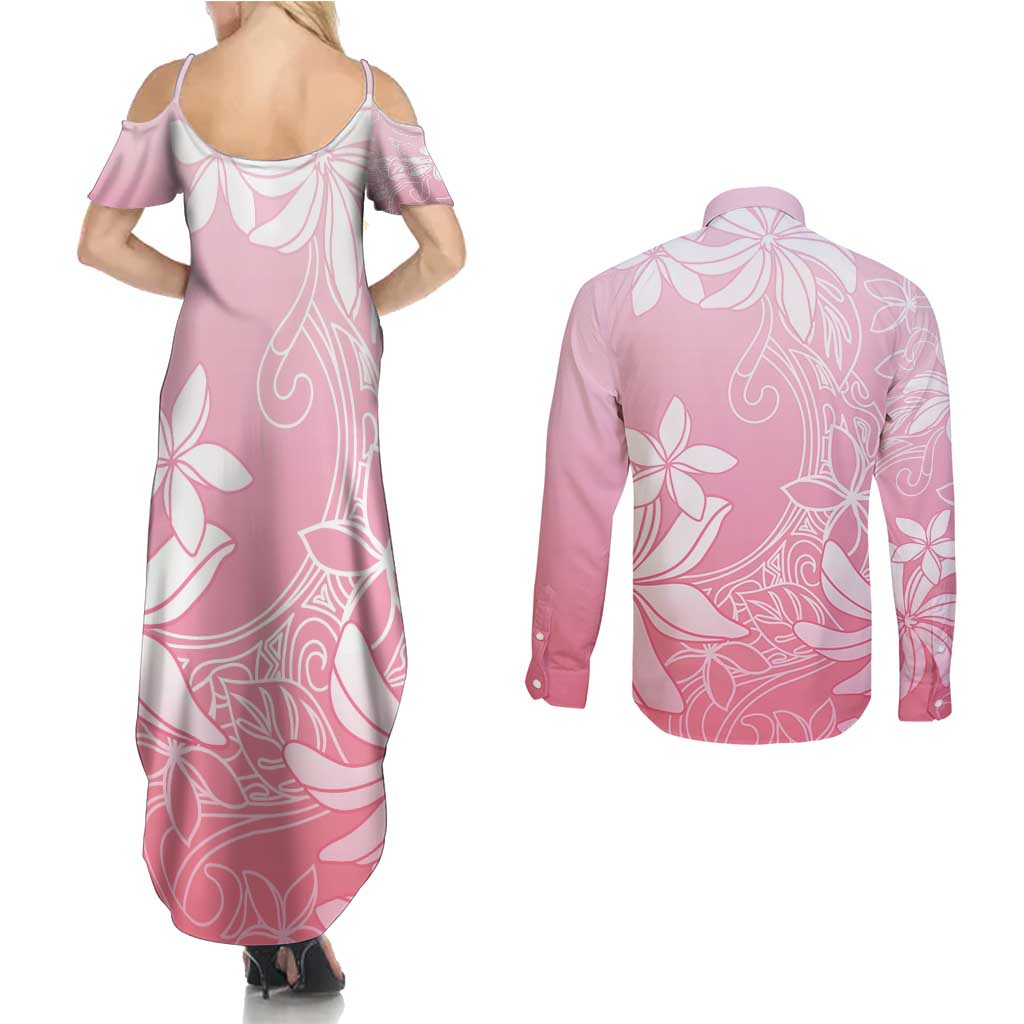Tiare Tahiti Couples Matching Summer Maxi Dress and Long Sleeve Button Shirt Pink Polynesia Motifs - Polynesian Pride