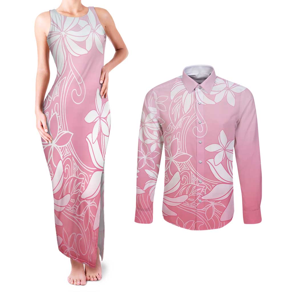 Tiare Tahiti Couples Matching Tank Maxi Dress and Long Sleeve Button Shirt Pink Polynesia Motifs - Polynesian Pride