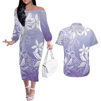 Tiare Tahiti Couples Matching Off The Shoulder Long Sleeve Dress and Hawaiian Shirt Purple Polynesia Motifs - Polynesian Pride