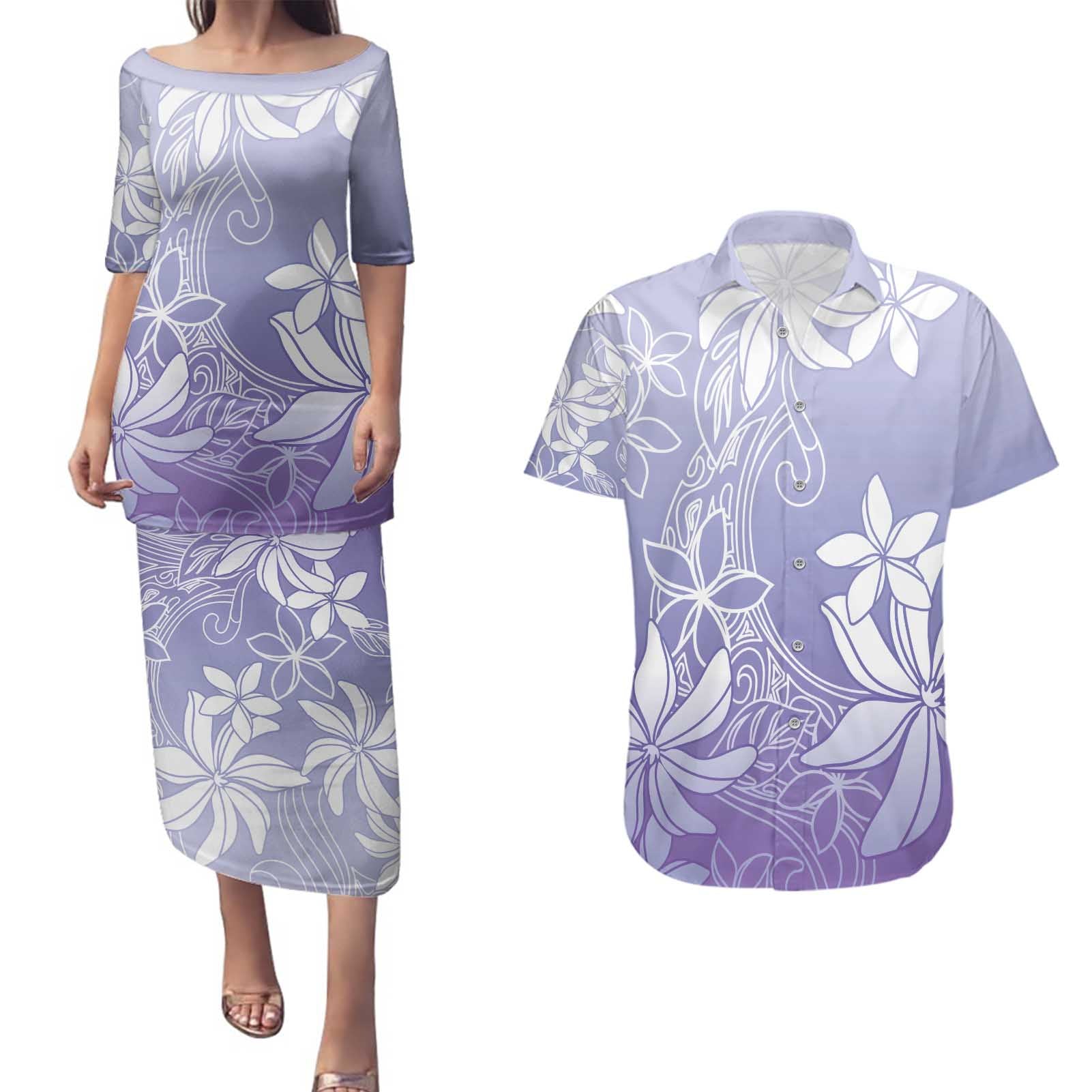 Tiare Tahiti Couples Matching Puletasi and Hawaiian Shirt Purple Polynesia Motifs - Polynesian Pride