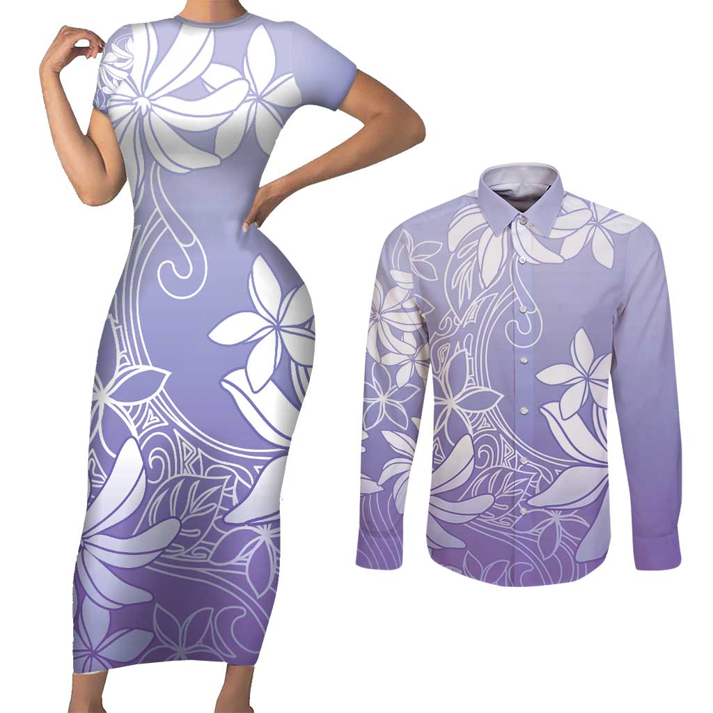 Tiare Tahiti Couples Matching Short Sleeve Bodycon Dress and Long Sleeve Button Shirt Purple Polynesia Motifs - Polynesian Pride