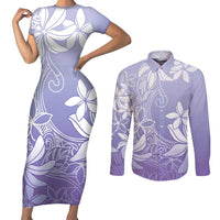Tiare Tahiti Couples Matching Short Sleeve Bodycon Dress and Long Sleeve Button Shirt Purple Polynesia Motifs - Polynesian Pride