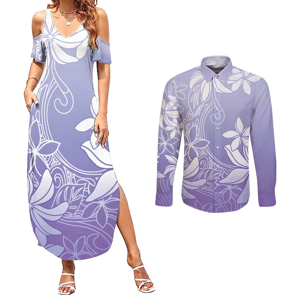 Tiare Tahiti Couples Matching Summer Maxi Dress and Long Sleeve Button Shirt Purple Polynesia Motifs - Polynesian Pride