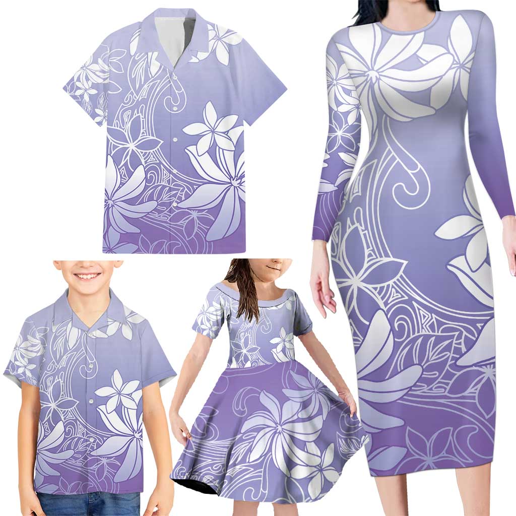 Tiare Tahiti Family Matching Long Sleeve Bodycon Dress and Hawaiian Shirt Purple Polynesia Motifs - Polynesian Pride