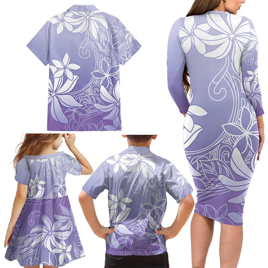 Tiare Tahiti Family Matching Long Sleeve Bodycon Dress and Hawaiian Shirt Purple Polynesia Motifs - Polynesian Pride