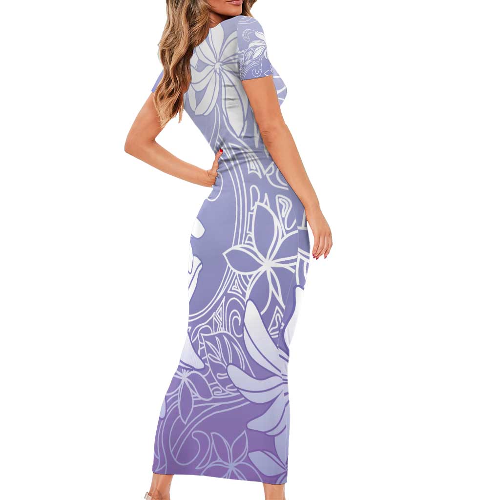 Tiare Tahiti Short Sleeve Bodycon Dress Purple Polynesia Motifs - Polynesian Pride