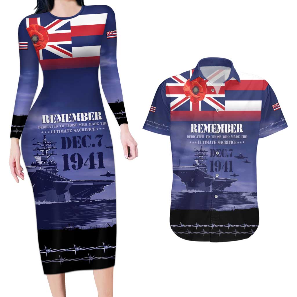 Hawaii Pearl Harbor Remembrance Day Couples Matching Long Sleeve Bodycon Dress and Hawaiian Shirt Flag Style