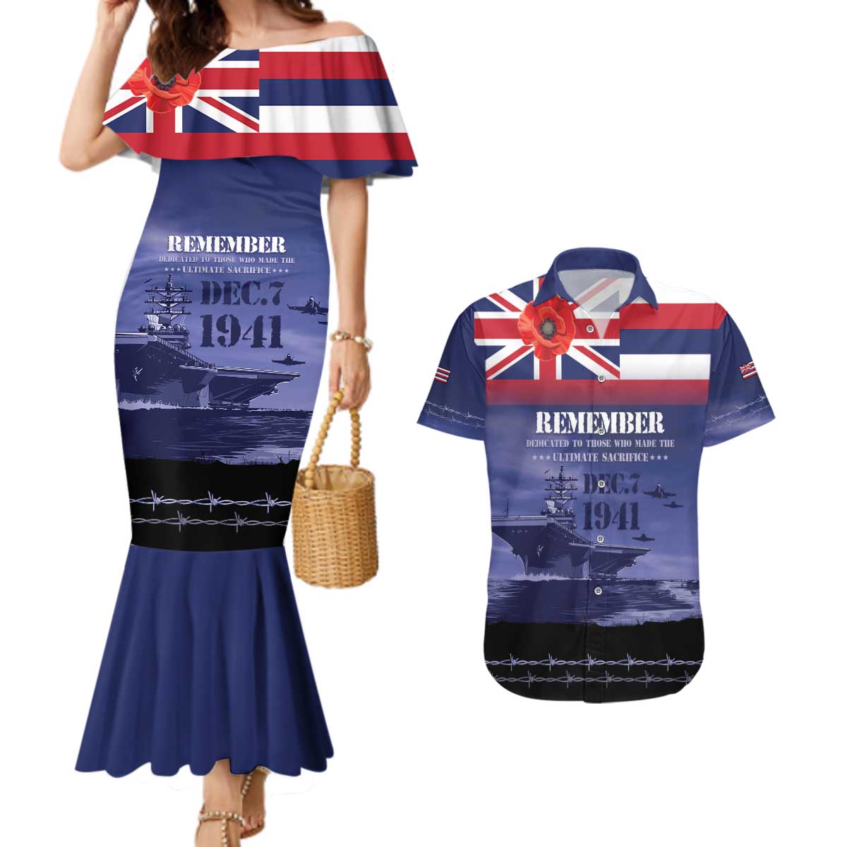 Hawaii Pearl Harbor Remembrance Day Couples Matching Mermaid Dress and Hawaiian Shirt Flag Style