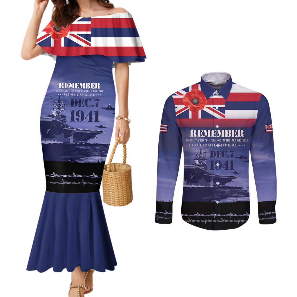 Hawaii Pearl Harbor Remembrance Day Couples Matching Mermaid Dress and Long Sleeve Button Shirt Flag Style