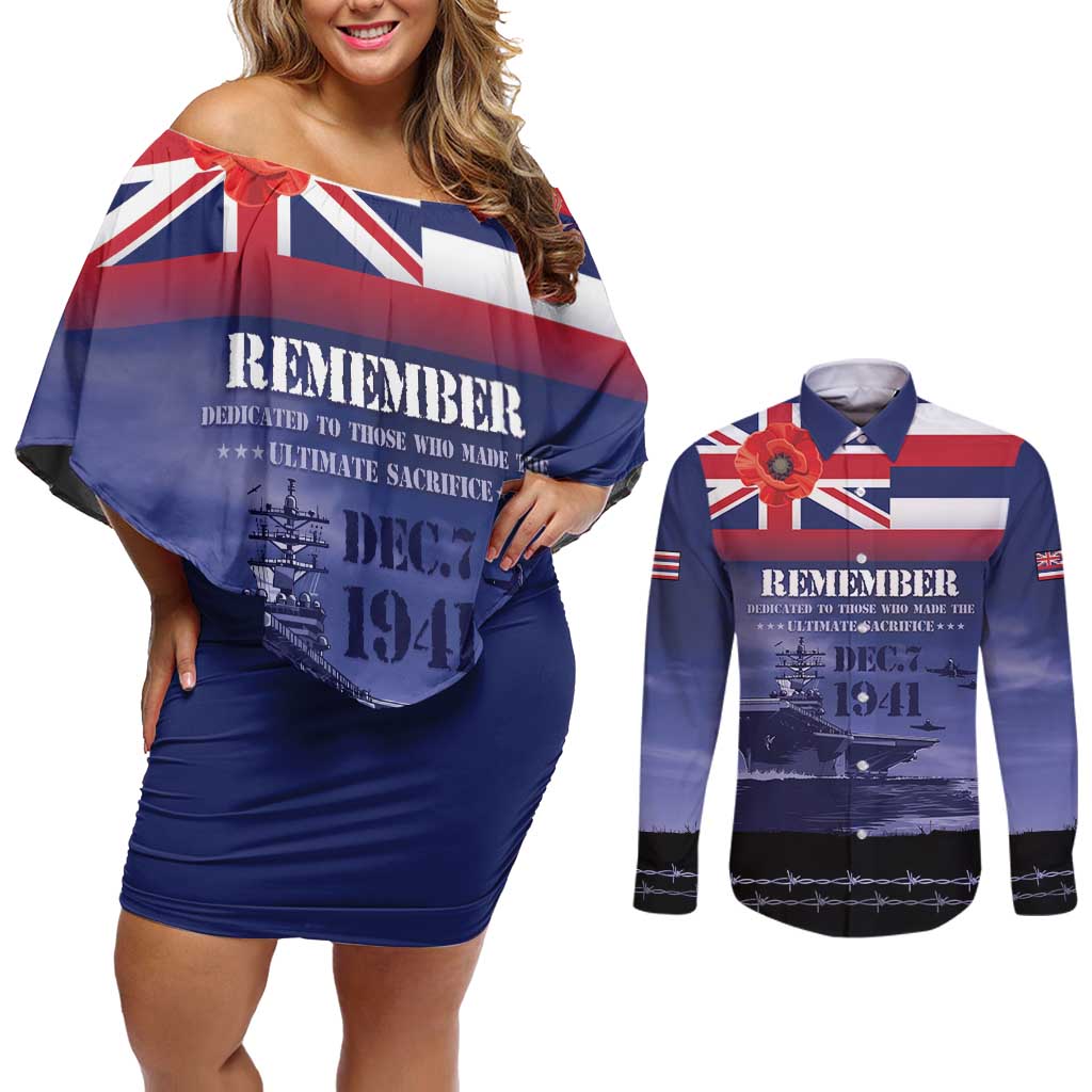 Hawaii Pearl Harbor Remembrance Day Couples Matching Off Shoulder Short Dress and Long Sleeve Button Shirt Flag Style