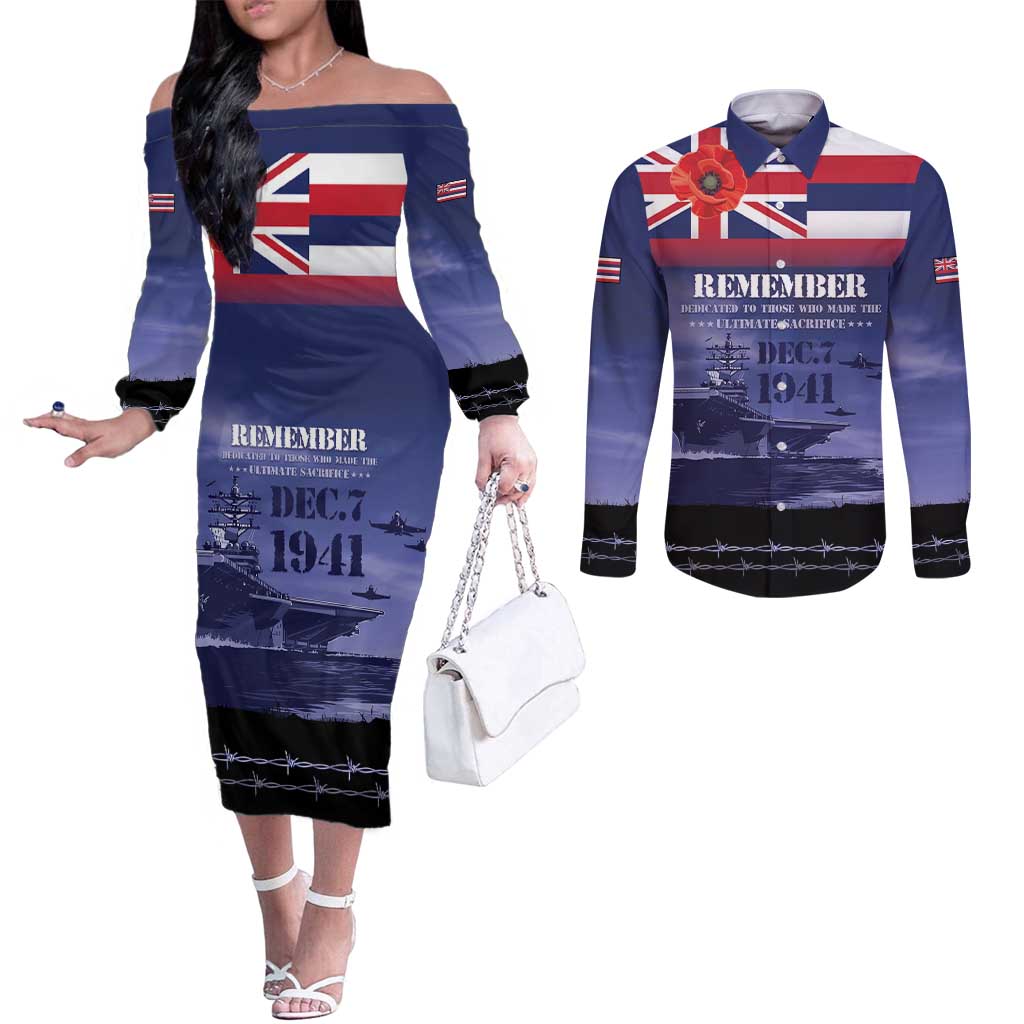 Hawaii Pearl Harbor Remembrance Day Couples Matching Off The Shoulder Long Sleeve Dress and Long Sleeve Button Shirt Flag Style