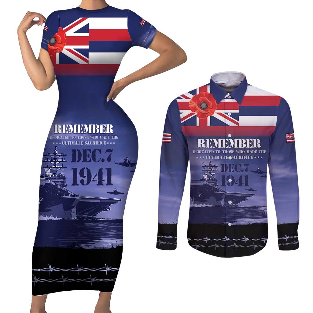 Hawaii Pearl Harbor Remembrance Day Couples Matching Short Sleeve Bodycon Dress and Long Sleeve Button Shirt Flag Style